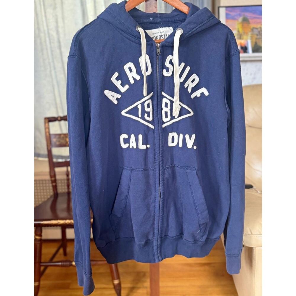 Aéropostale Men’s XL Blue Full Zip Hooded Fleece Hoodie Embroidered Graphic